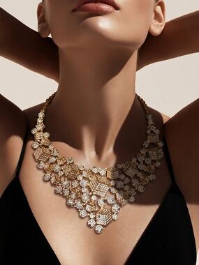 Statement Vintage Cubes Rhinestone Crystal Cocker Necklace Gold Tone 18”